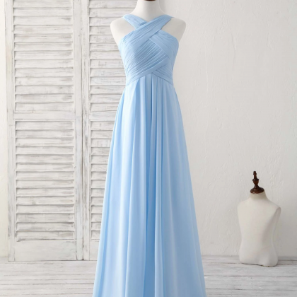 Simple V Neck Chiffon Blue Long Prom Dress Blue..