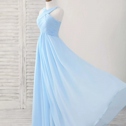 Simple V Neck Chiffon Blue Long Prom Dress Blue..