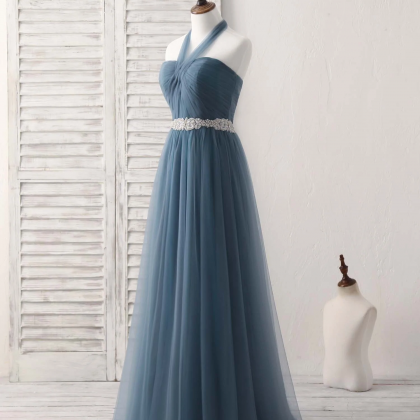 A-line Gray Blue Tulle Long Bridesmaid Dress Gray..