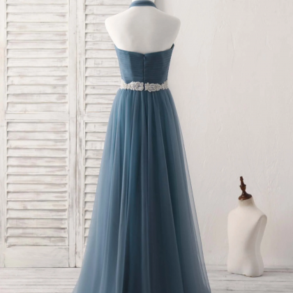 A-line Gray Blue Tulle Long Bridesmaid Dress Gray..