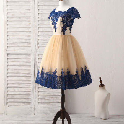 Champagne Tulle Lace Applique Short Prom Dress,..