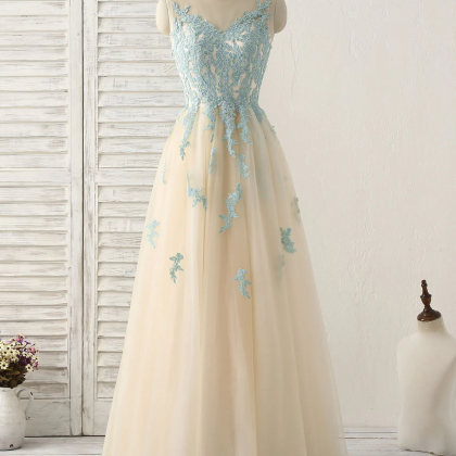 Cute Champagne Lace Long Prom Dress, A Line Tulle..