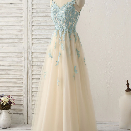 Cute Champagne Lace Long Prom Dress, A Line Tulle..
