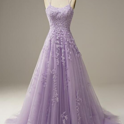 Lilac A-Line Tulle Prom Dress with Lace Appliques and Beading