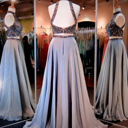 Two Pieces Sparkle High Neck Beading Long Prom..