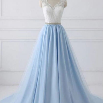 Puffy Sleeve V Neck Lace Embroidery A Line Prom Dress
