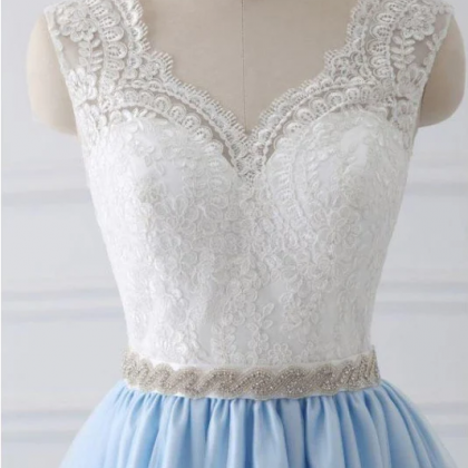 V-Neck A-Line Applique Coral Prom Dress with Lace-Up main image 1
