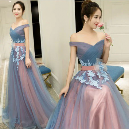 Elegangt A-line Pink Off the Shoulder Tulle Long Prom Dress Evening Dress, OL743 main image 0