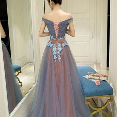 Charming Off-shoulder A-line Tulle lace Long Prom Dresses Evening Dresses.DB10606 main image 1
