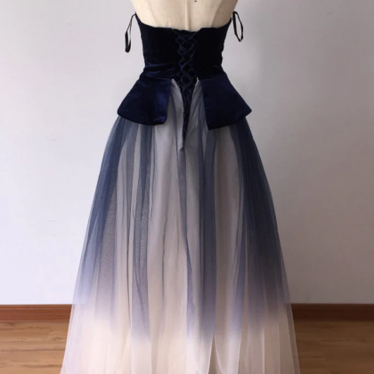Ombre Blue Tulle Long Prom Dress, Strapless Long..