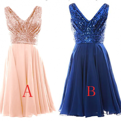 A Line V Neck Rose Gold Sequins Prom Dresses with Split LBQF3780 main image 1