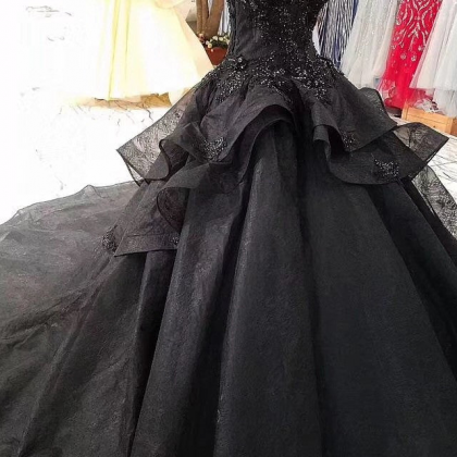 Stunning Cap Sleeves Ball Gown Black Long Wedding..