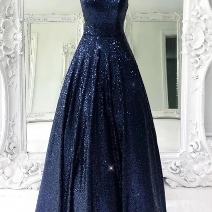 Stunning Sleeveless A Line Navy Blue Sequin Prom..