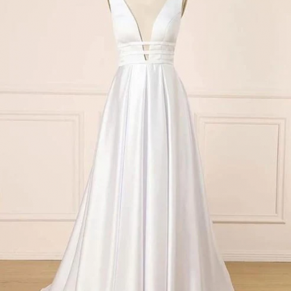 Elegant Ivory V-neck Simple Satin Prom Dresses..