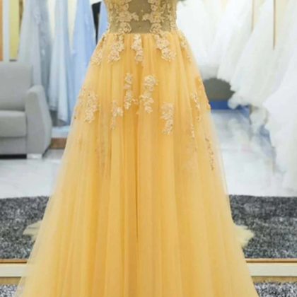 A-line V-neck Tulle Long Prom Dresses, Yellow..