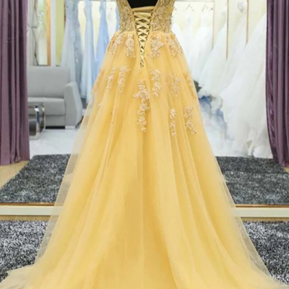 A-line V-neck Tulle Long Prom Dresses, Yellow..