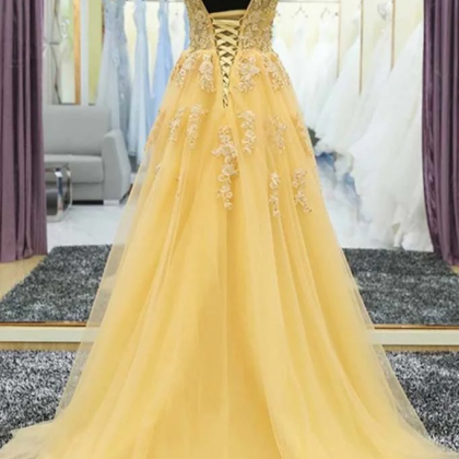 Romantic Yellow Tulle Prom Dress Floral Lace Appliques V-Neck Maxi Gown,OLP1992