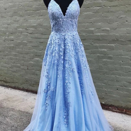 Straps V-neck Light Blue Prom Dresses Lace..