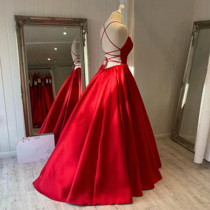 Red Satin Long Prom Dress Simple Evening Gown