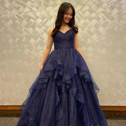Blue Tullel Long Prom Dress Blue Evening Gown