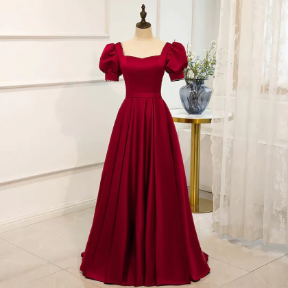 Red Satin Prom Dress Red Dress Puff Sleeve..