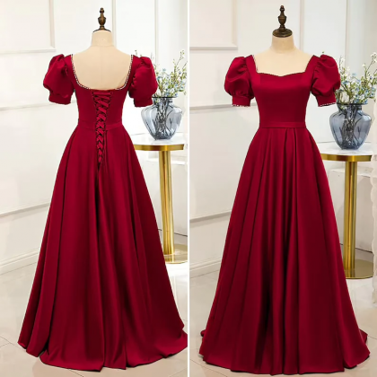Red Satin Prom Dress Red Dress Puff Sleeve..
