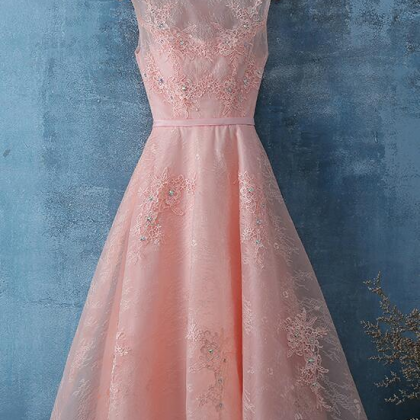 Pink Lace Tea Length Simple Homecoming Dress..