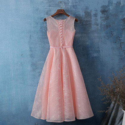Pink Lace Tea Length Simple Homecoming Dress..