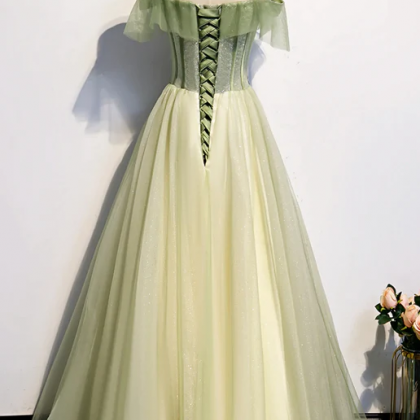 Light Green Pleated Floral Embroidery Long Prom..