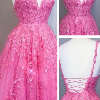 A-line Bright Pink Lace Appliqued Long Prom Dress..