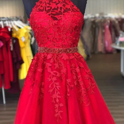 Red Lace Homecoming Dress Halter Neckline, Short..