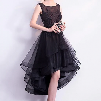 A-Line Lace Tulle Black Short Prom Dress | High Low Black Homecoming Dress