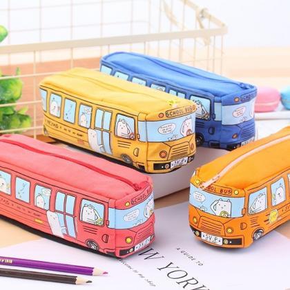 Cartoon Bus Pencil Bag Canvas Large Capacity Car..