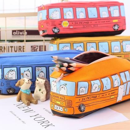 Cartoon Bus Pencil Bag Canvas Large Capacity Car..