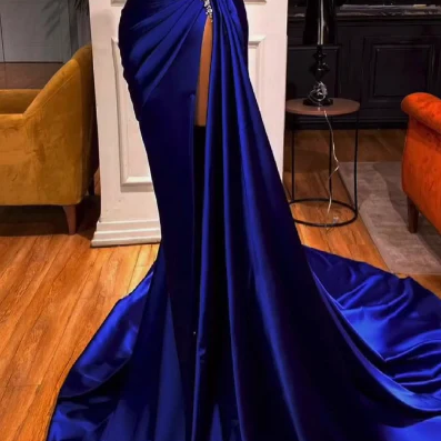 Royal Blue Sleeveless Prom Dress Mermaid With Split Simple gentle atmospheric and unique design