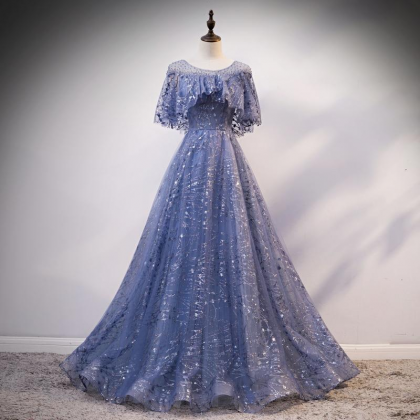 Blue Elegant A-line Long Prom Dress, Blue Evening..