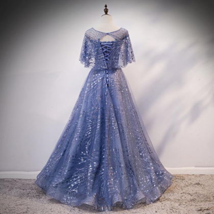Blue Elegant A-line Long Prom Dress, Blue Evening..
