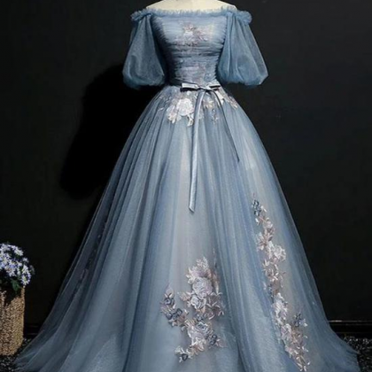 Charming Tulle Puffy Sleeves Long Formal Gown,..