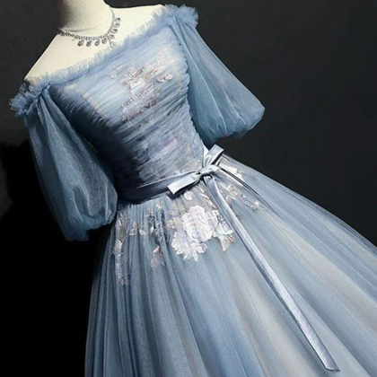 Charming Tulle Puffy Sleeves Long Formal Gown,..