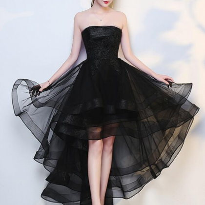 Black Tulle High Low Dress with Lace Applique, Short Wedding Party Dress