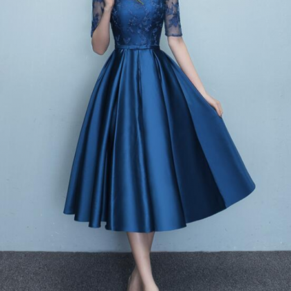 Blue Short Sleeves Tea Length Formal Dress, Blue..