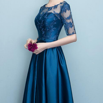 Blue Short Sleeves Tea Length Formal Dress, Blue..