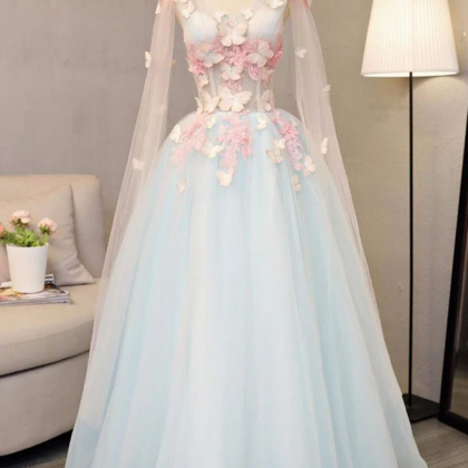 Light Blue Gorgeous Butterfly Long Formal Gowns, Handmade Tulle Gowns ...