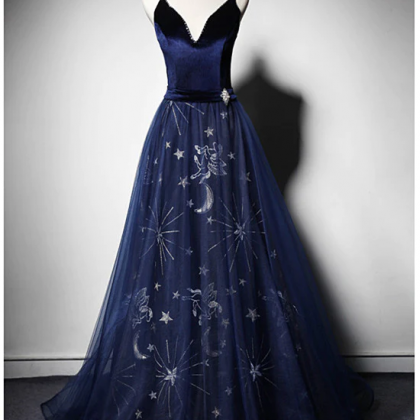Beautiful Navy Blue Straps Velvet Long Prom Dress,..