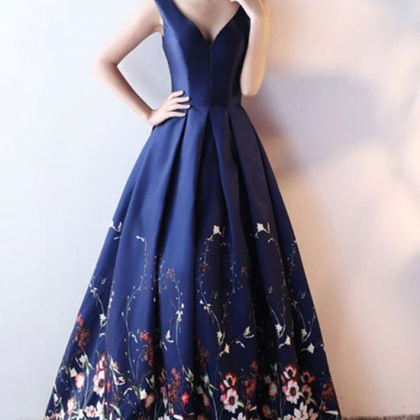Navy Blue Satin And Floral Floor Length Party..