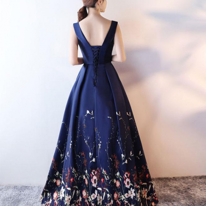 Navy Blue Satin And Floral Floor Length Party..