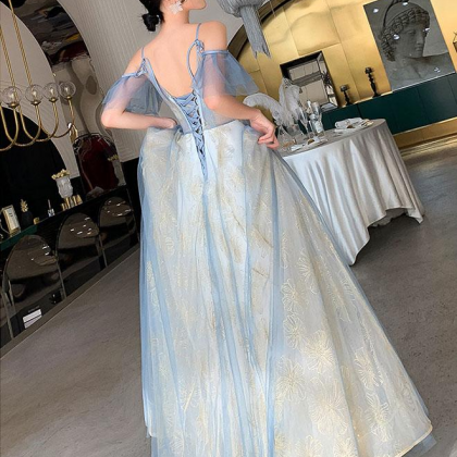 Light blue v-neck long A-line prom dress new arrive evening dress Y6464 main image 1