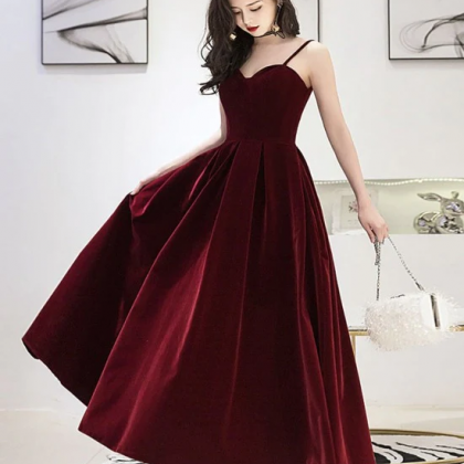 Wine Red Velvet Straps V-neckline Party Dress,..