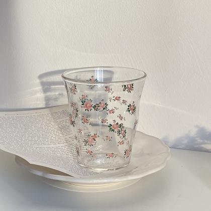 Rose Printed Glass Cup Breakfast Milk Coffee Cups..