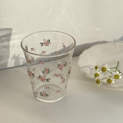 Rose Printed Glass Cup Breakfast Milk Coffee Cups..